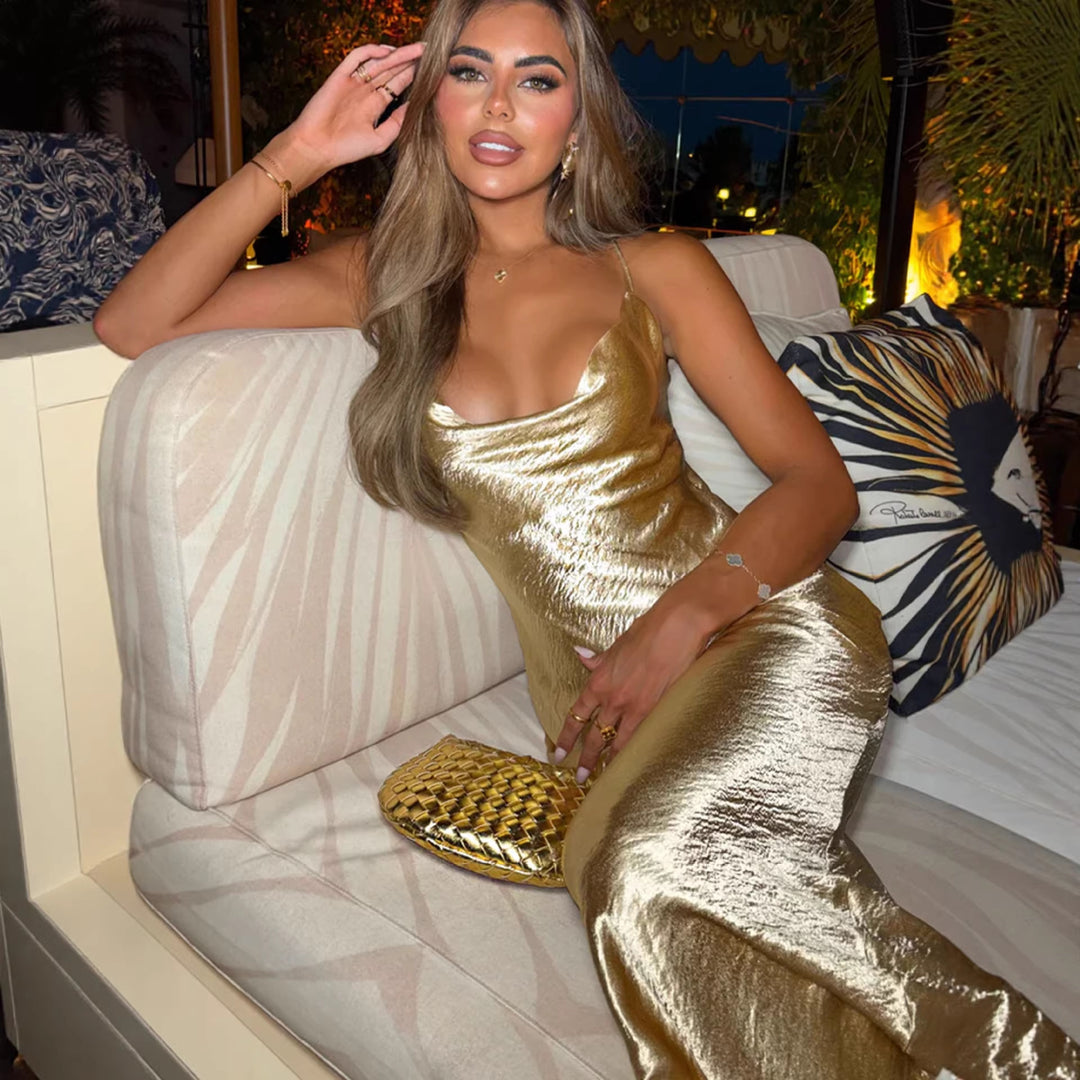 Damen Glamouröses Abendkleid mit schimmerndem Satin und spaghettiträgern EB