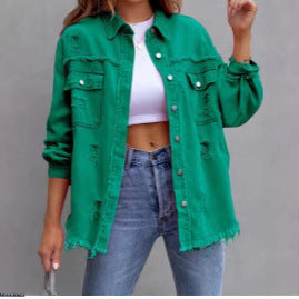 Damen Stylische Overshirt-Jacke mit fransigem Saum EB