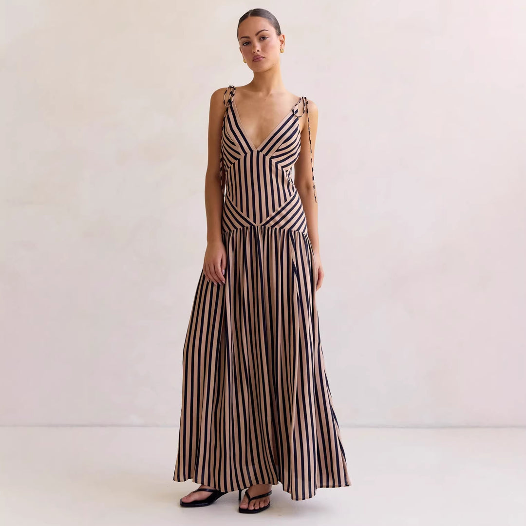 Damen Maxikleid mit tiefem V-Ausschnitt und elegantem Streifendesign EB