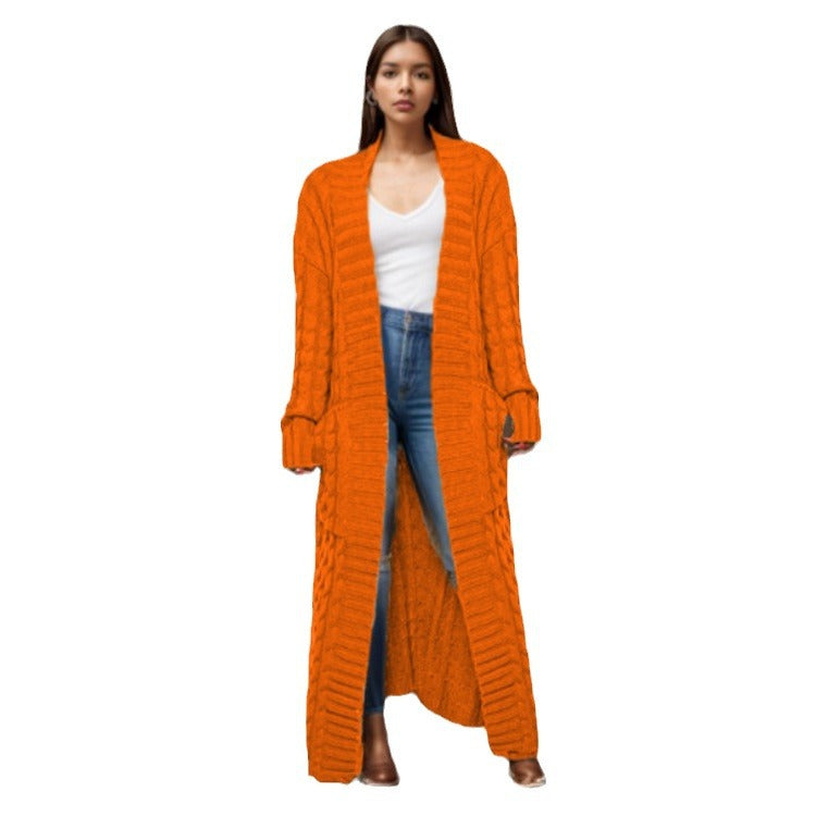 Damen Langer Strickcardigan mit raffiniertem Zopfdesign und praktischen Taschen EB