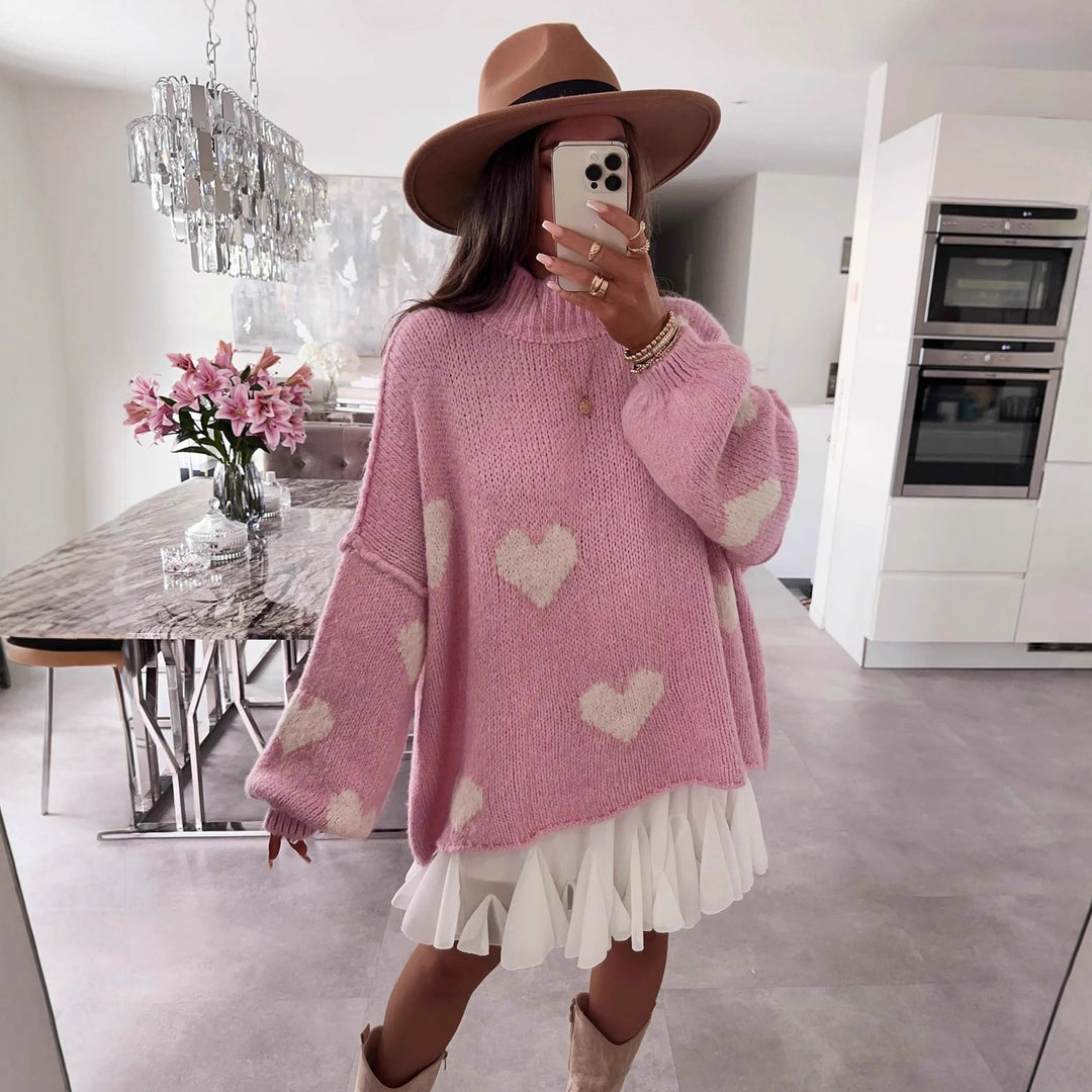 Damen grob gestrickter Pullover mit Herzmotiven und lässigem Schnitt EB