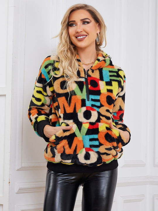 Damen Flauschige Oberjacke mit buntem Farbdesign und flauschigem Innenfutter EB