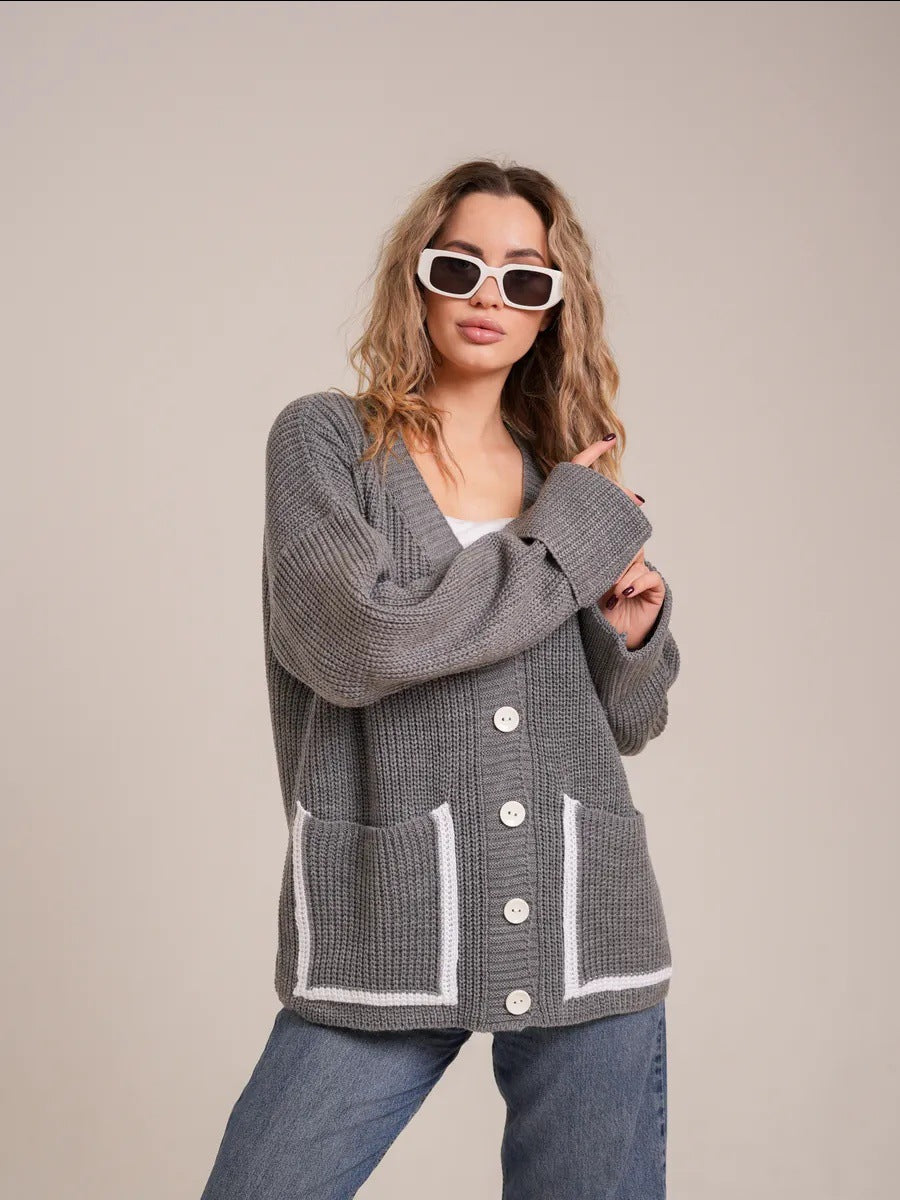 Damen Strickjacke mit großem Kragen und Taschen EB