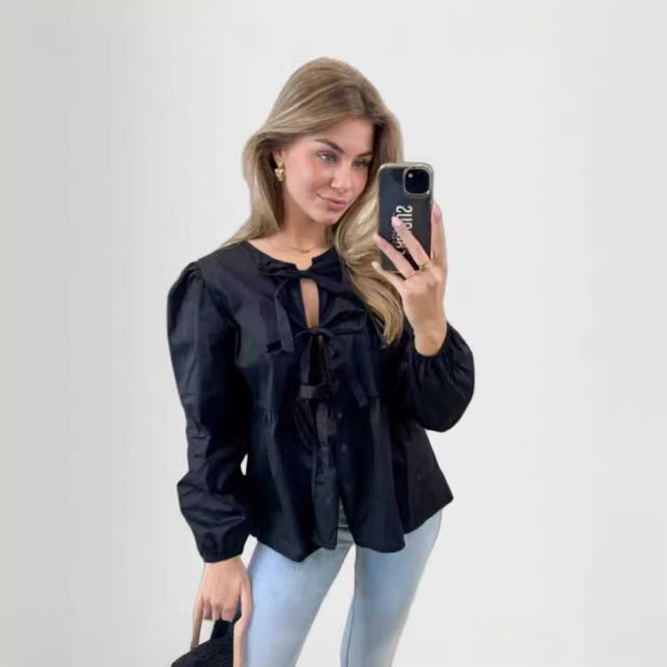 Damen Bluse mit Volantärmeln und Schleifenband EB