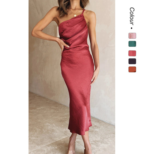 Damen Satin-Midikleid mit asymmetrischem Schnitt und elegantem Flair EB