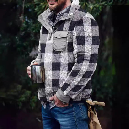 Herren Fleece-Pullover mit Karomuster und Hohem Kragen EB