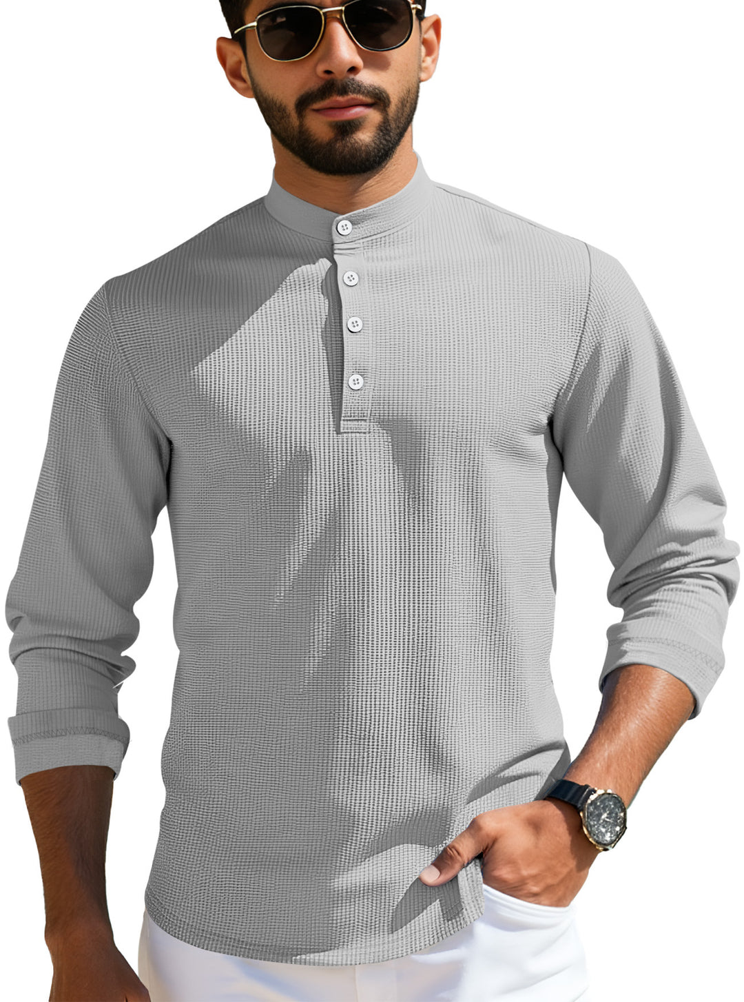 Herren nan strukturiertes Langarm-Henley mit Nehru-Kragen und Ton-in-Ton-Knopfleiste EB