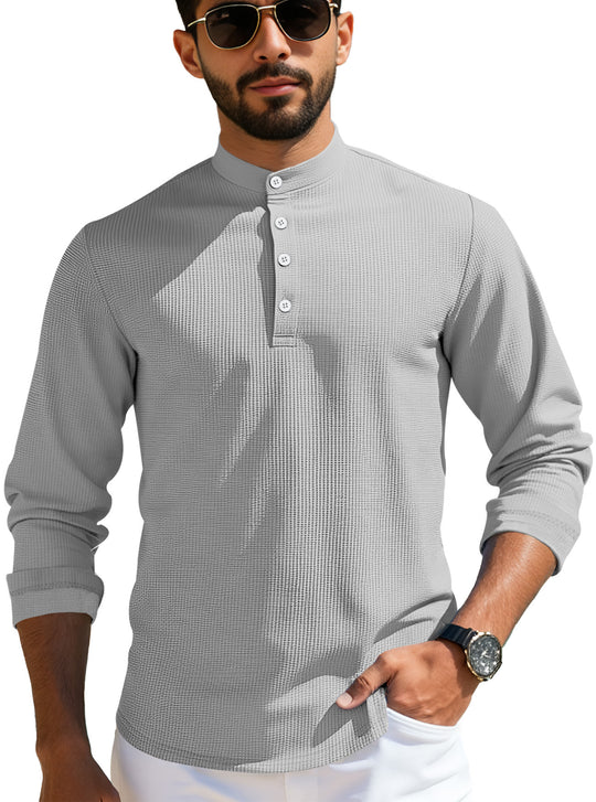 Herren nan strukturiertes Langarm-Henley mit Nehru-Kragen und Ton-in-Ton-Knopfleiste EB
