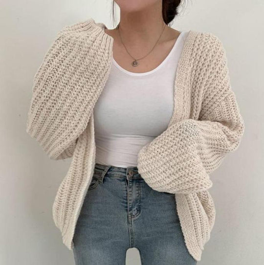 Damen grob gestrickte Oversized Cardigan mit tiefem V-Ausschnitt EB
