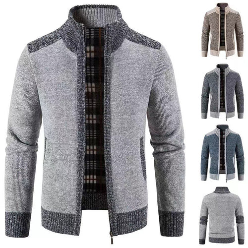 Herren nan gefütterte Reißverschluss-Strickjacke mit Stehkragen, wärmender Karofleece-Innenseite und gerippten Bündchen EB