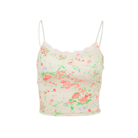 Damen floral bedrucktes Spaghetti-Top mit Spitzenakzenten EB
