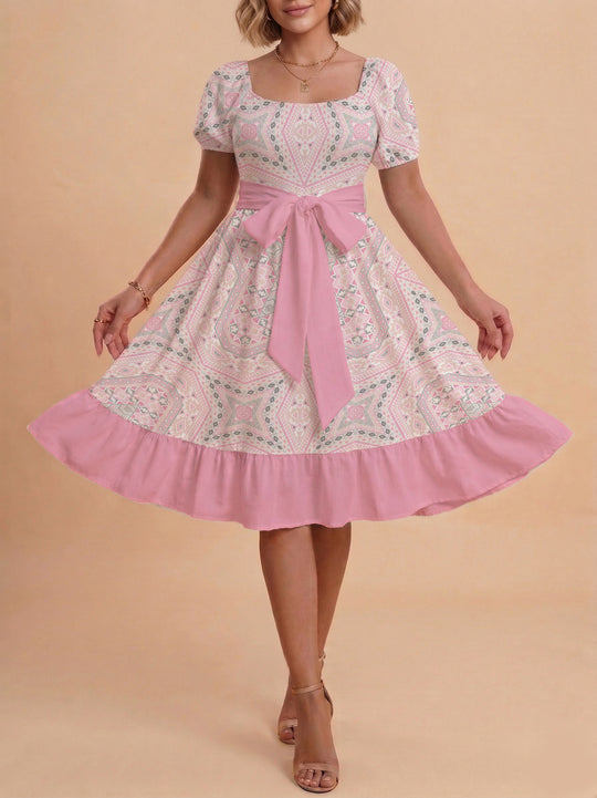 Damen modernes Blumenkleid mit elegantem Taillengürtel und asymmetrischem Saum EB