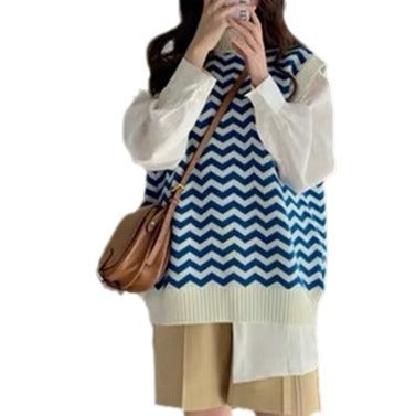 Damen Strickpullover mit Zickzackmuster und elegantem Kragen EB