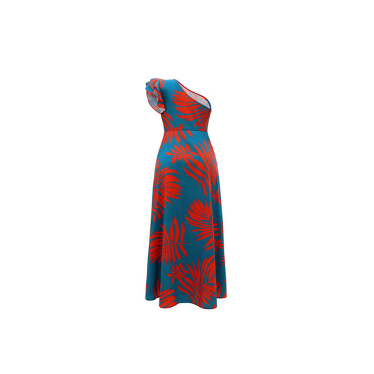 Damen Maxikleid mit asymmetrischen Rüschen und hohem Schlitz EB