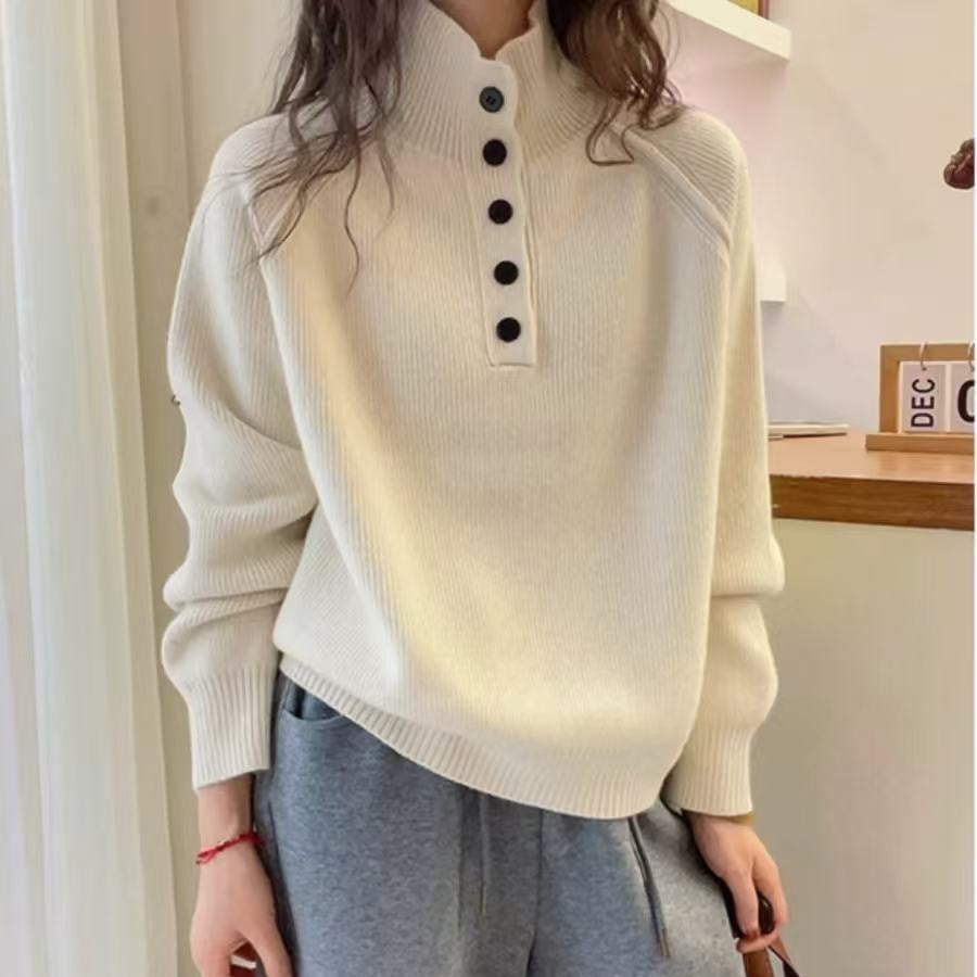 Damen Strickpullover mit Stehkragen und Knopfdetails EB