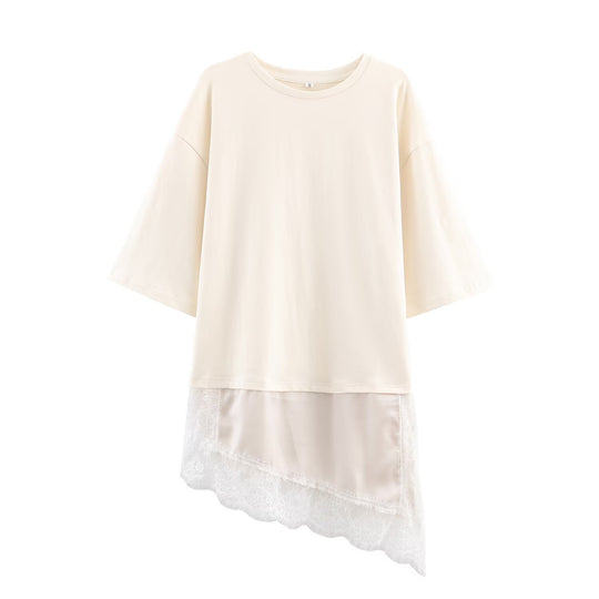 Damen asymmetrisches T-Shirt mit Spitzenbesatz EB