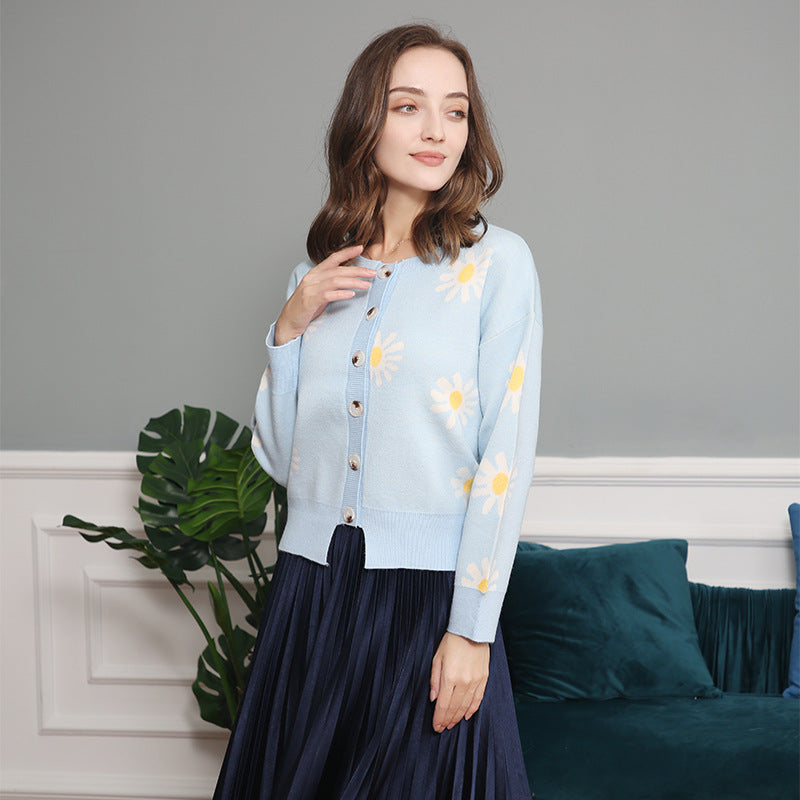 Damen modische Strickjacke mit floralem Muster und kurzen Ärmeln EB
