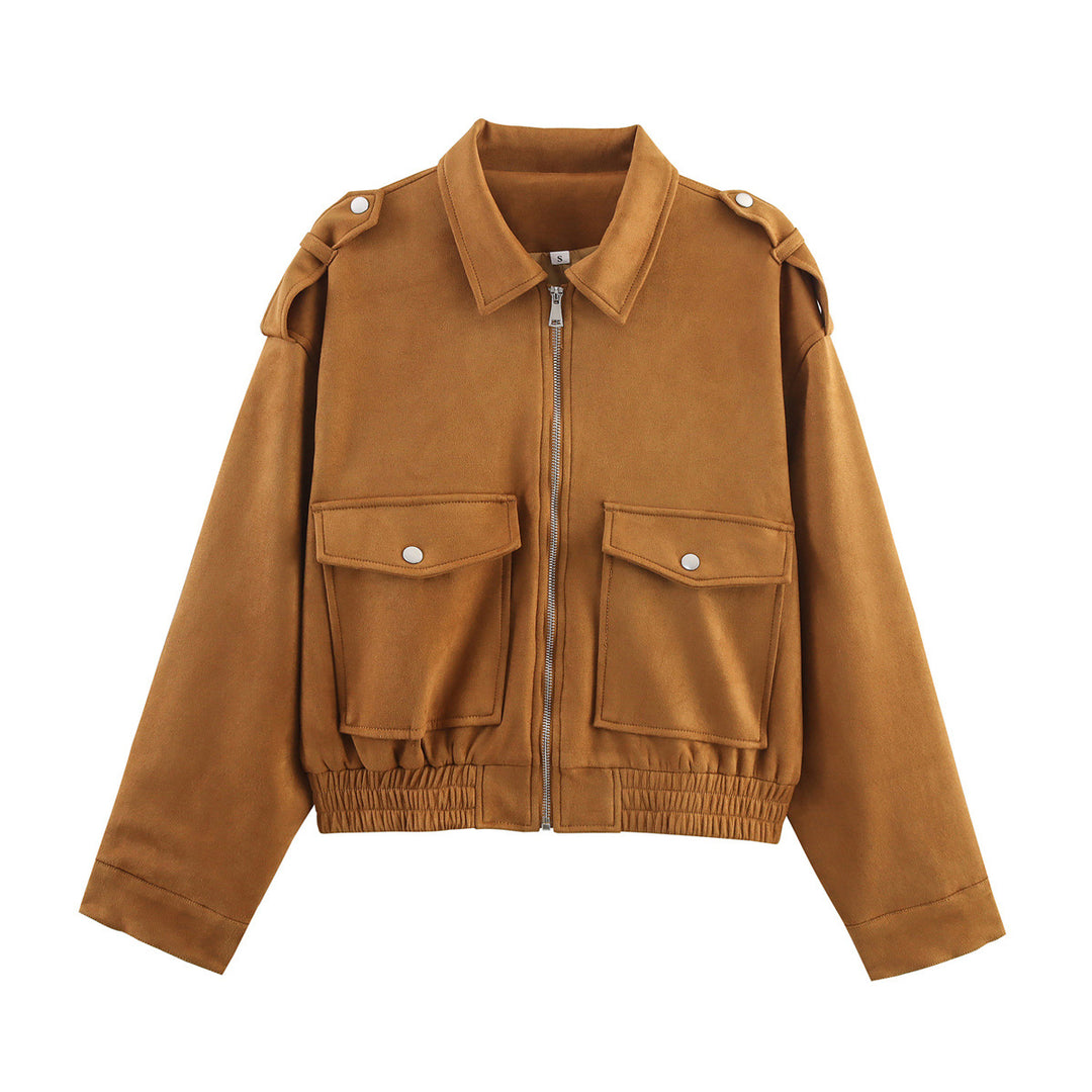 Damen lässige Kunstleder-Bomberjacke mit praktischen Taschen EB
