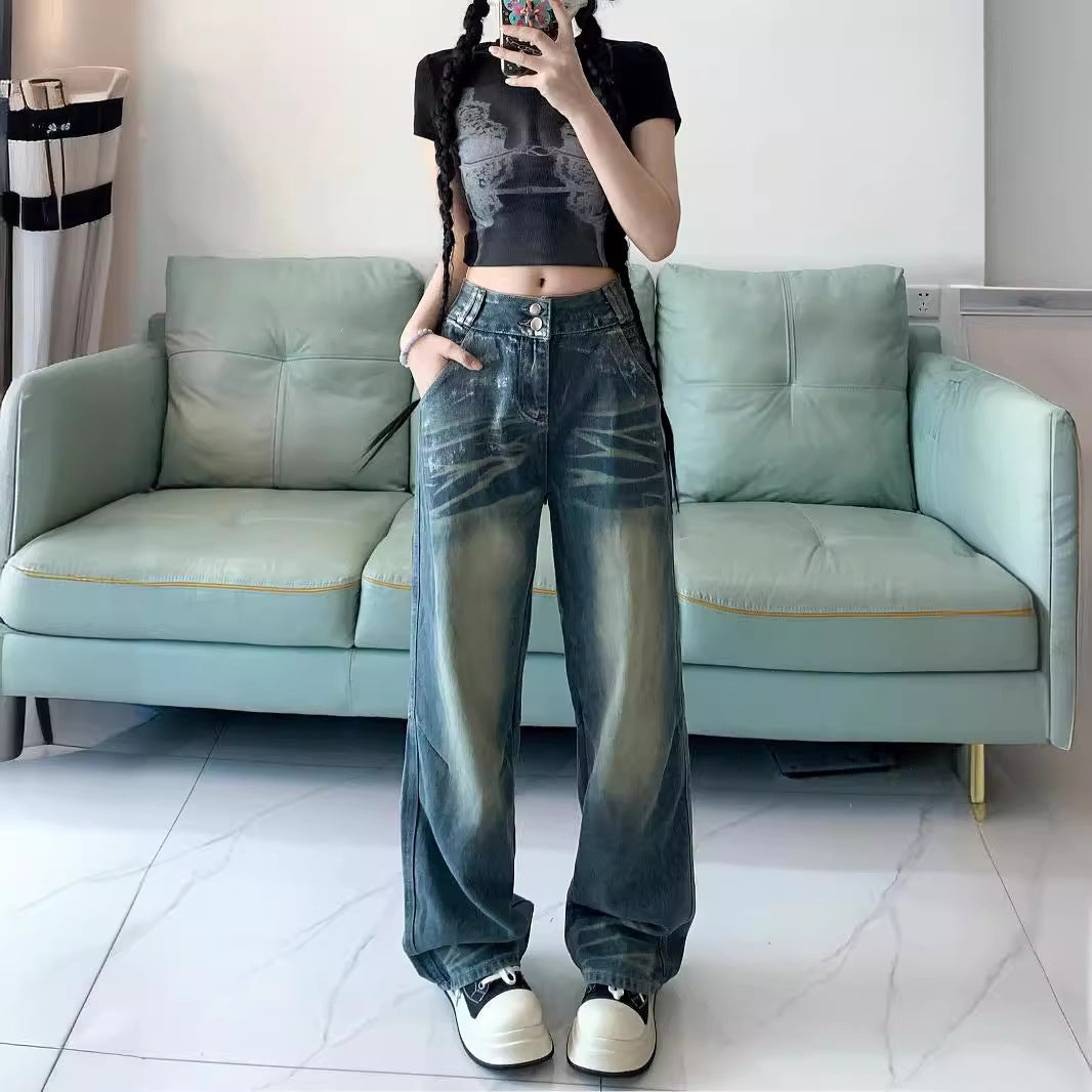 Damen Weite Jeans mit modischem Vintage-Waschlook und lässigem Design EB