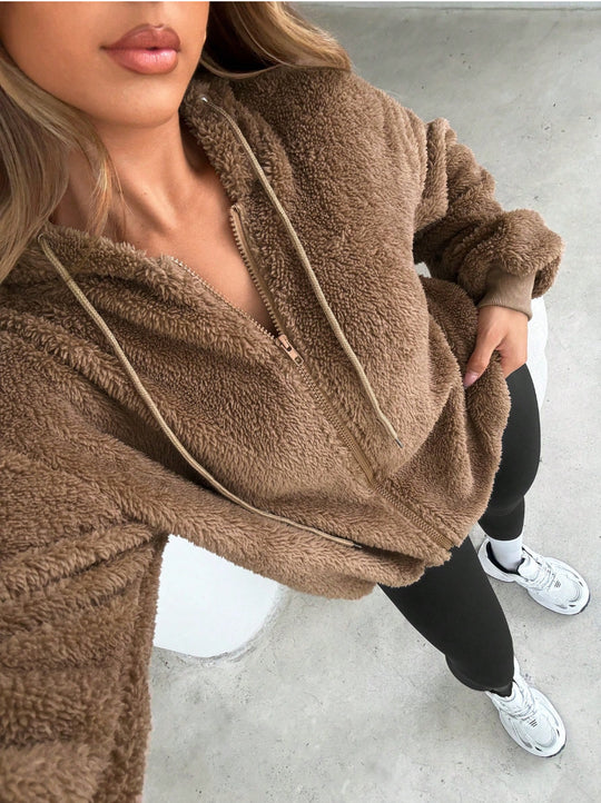 Damen Kuschelige Fleece-Jacke mit Känguru-Tasche und Kapuze EB