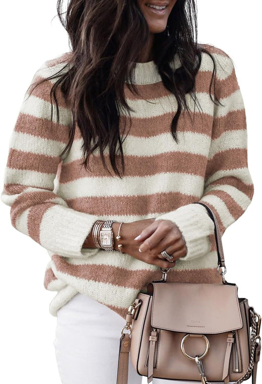 Damen lässiger Strickpullover mit breiten Querstreifen EB