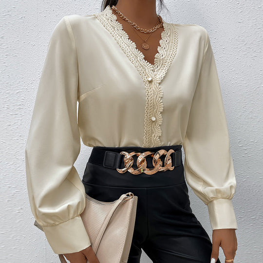Damen Elegante Bluse mit Spitzenbesatz und Knopfdetails EB