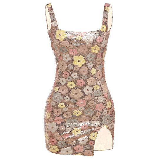 Damen Glitzerndes Minikleid mit floralem Design und seitlichem Schlitz EB