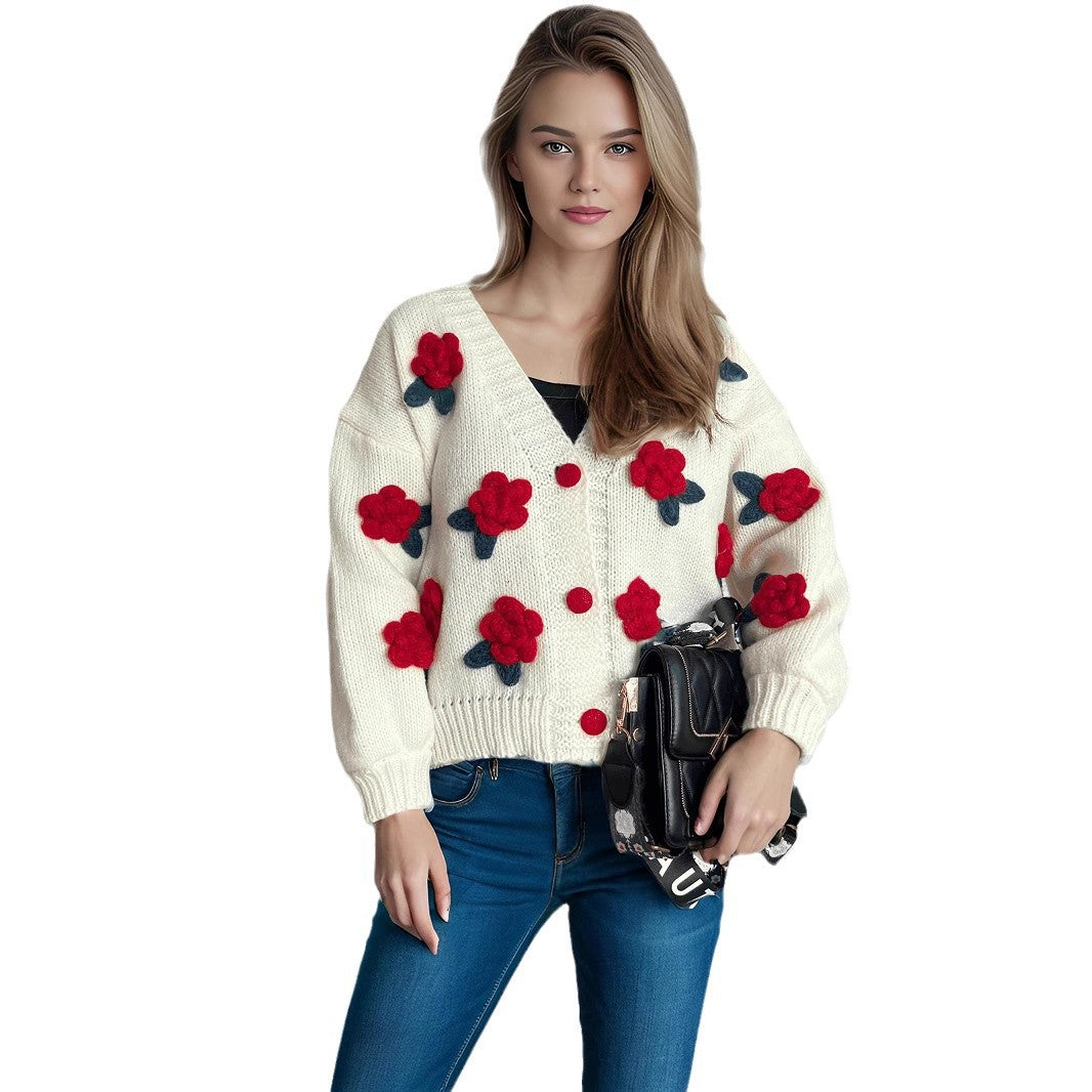 Damen Strickjacke mit floralen Applikationen und knöpfbarem Design EB