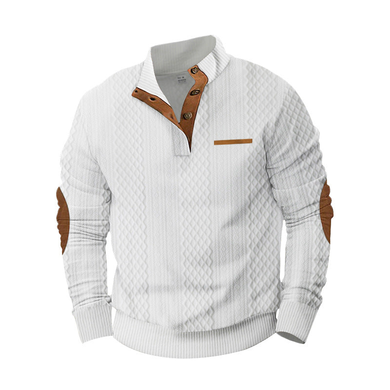 Herren nan strukturiertes Halbknopf-Pullover mit gesteppter Oberfläche, Ellbogen-Patches und Stehkragen EB