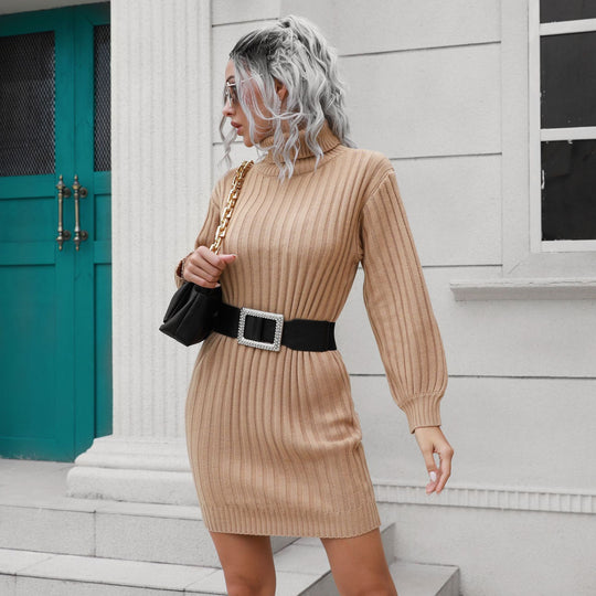 Damen Strickkleid mit hohem Kragen und elastischem Gürtel EB