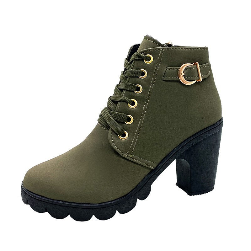 Damen nan elegante Schnür-Stiefelette mit mittlerem Blockabsatz, profilierter Gummilaufsohle und dekorativer Metallschnalle EB