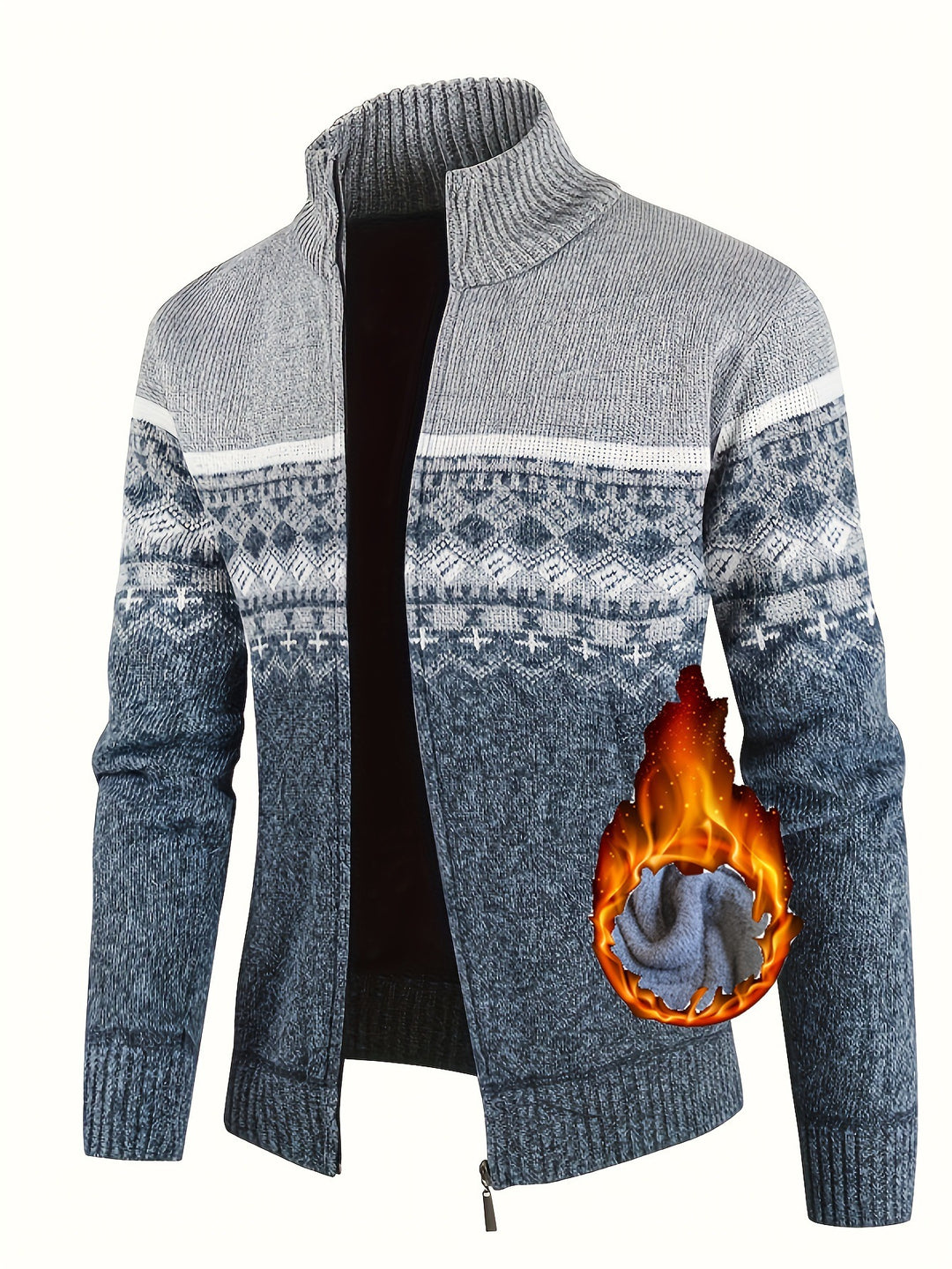 Herren Thermo-Strickjacke mit Stehkragen und Reißverschluss Norwegerstrick Fleece-gefüttert EB
