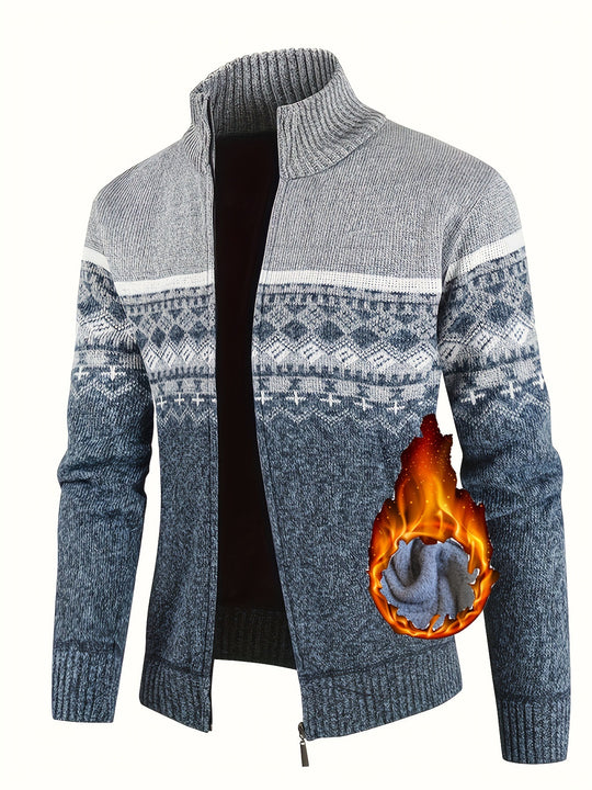 Herren Thermo-Strickjacke mit Stehkragen und Reißverschluss Norwegerstrick Fleece-gefüttert EB