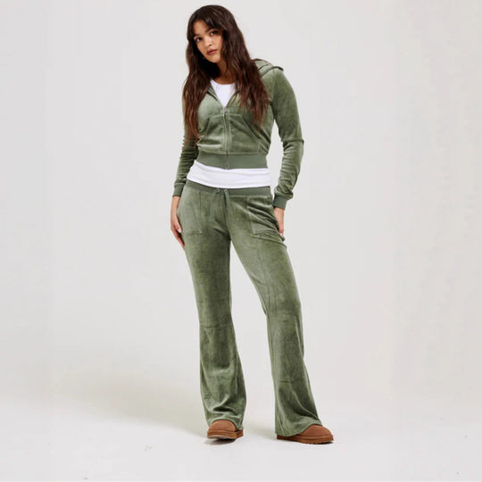 Damen Samtvelours Cropped-Zipjacke mit Kängurutasche und hochgeschnittener Bündchenhose Eichborn Berlin