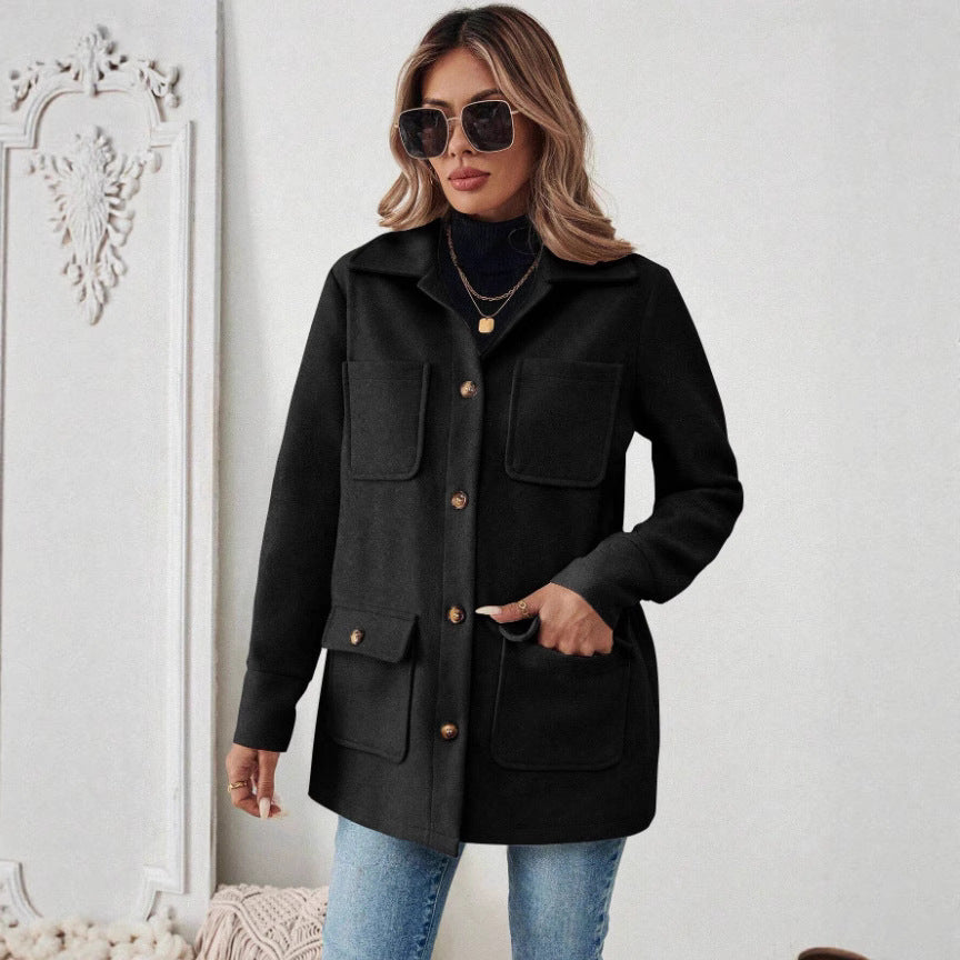 Damen Modische Utility-Jacke mit großen Taschen und goldenem Druck EB