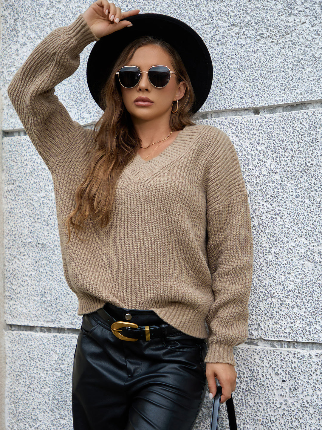 Damen gemütlicher V-Ausschnitt Strickpullover mit lockerem Schnitt und strukturiertem Muster EB