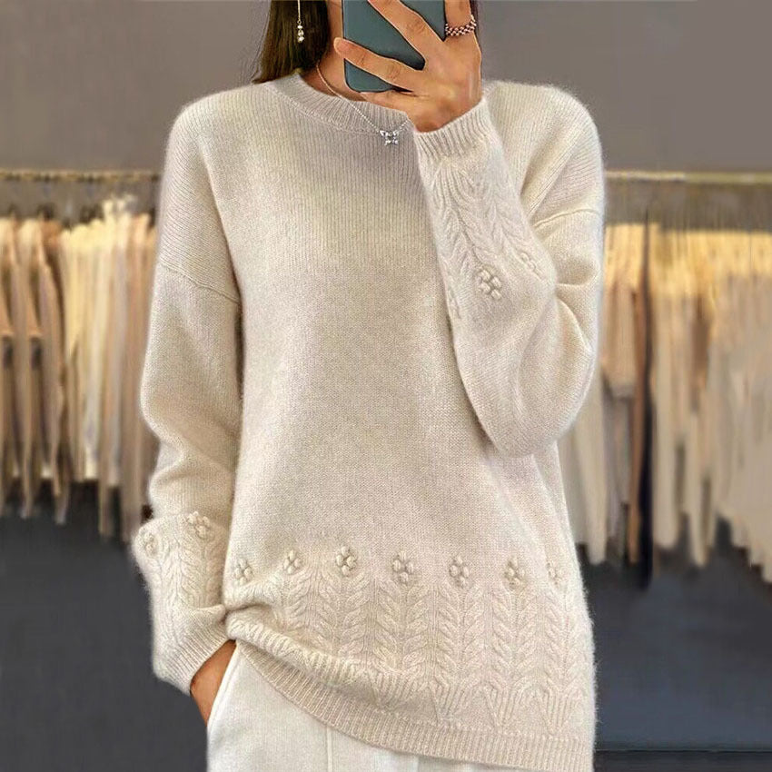Damen nan kuscheliger Oversize Kaschmir-Mix Pullover mit Zopfmuster und Perlenapplikation EB