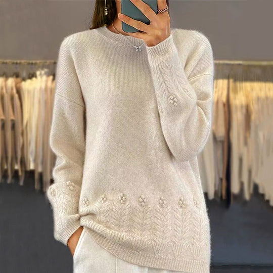 Damen nan kuscheliger Oversize Kaschmir-Mix Pullover mit Zopfmuster und Perlenapplikation EB