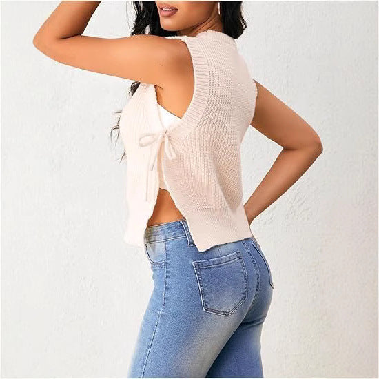 Damen ärmelloses Strickoberteil mit großzügigem Schnitt und gebundenem Detail EB