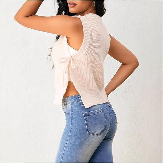 Damen ärmelloses Strickoberteil mit großzügigem Schnitt und gebundenem Detail EB