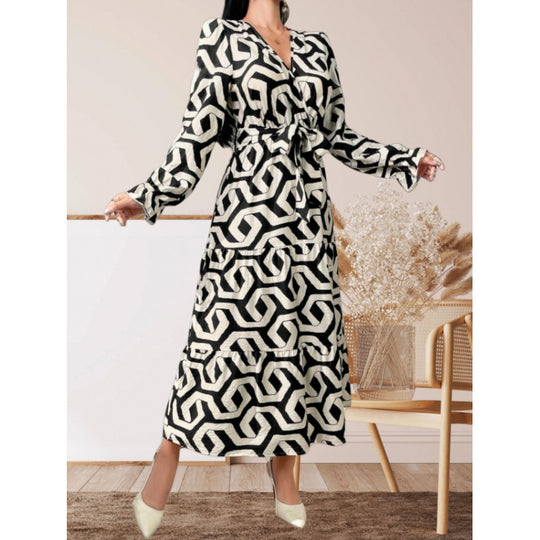 Damen Maxi-Kleid mit modernem geometrischen Druck und taillierbarem Design EB
