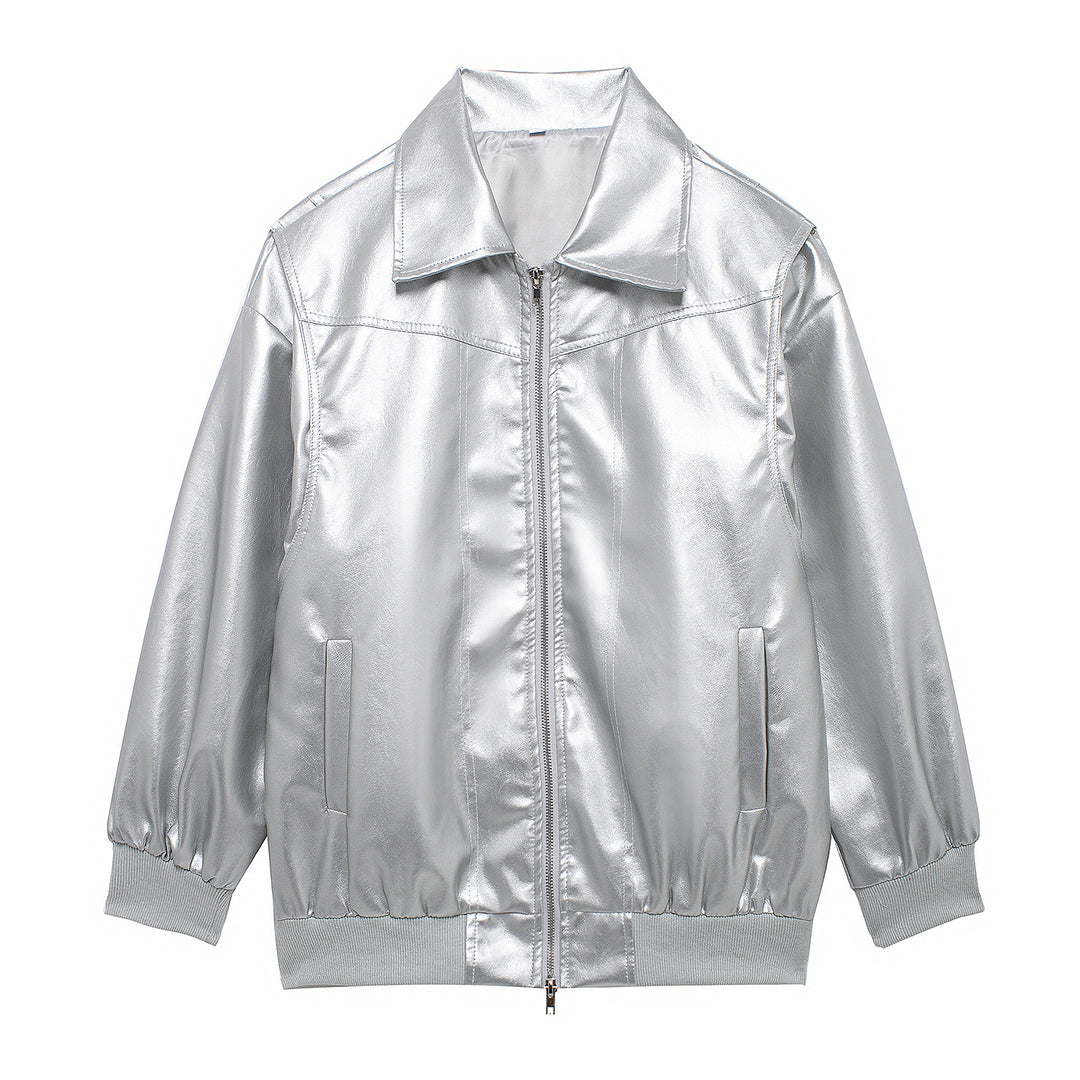 Damen Elegante Kunstlederjacke mit hochstehendem Kragen und elastischen Bündchen EB