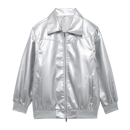 Damen Elegante Kunstlederjacke mit hochstehendem Kragen und elastischen Bündchen EB