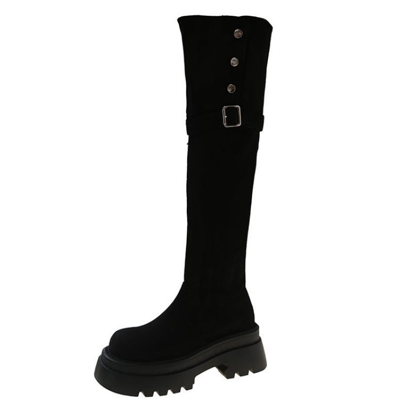 Damen Elegante Overknee-Stiefel mit modischem Riemen und Knopfdetails EB