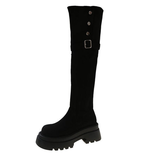 Damen Elegante Overknee-Stiefel mit modischem Riemen und Knopfdetails EB