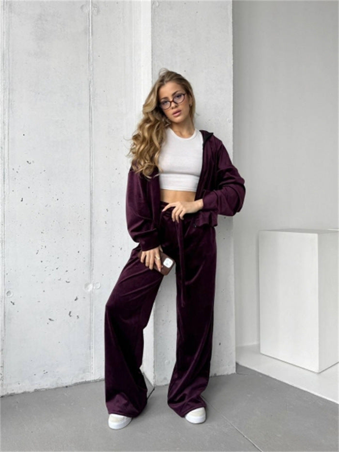 Damen weicher Velours Zweiteiler mit Kapuzenjacke und weiter Jogginghose EB