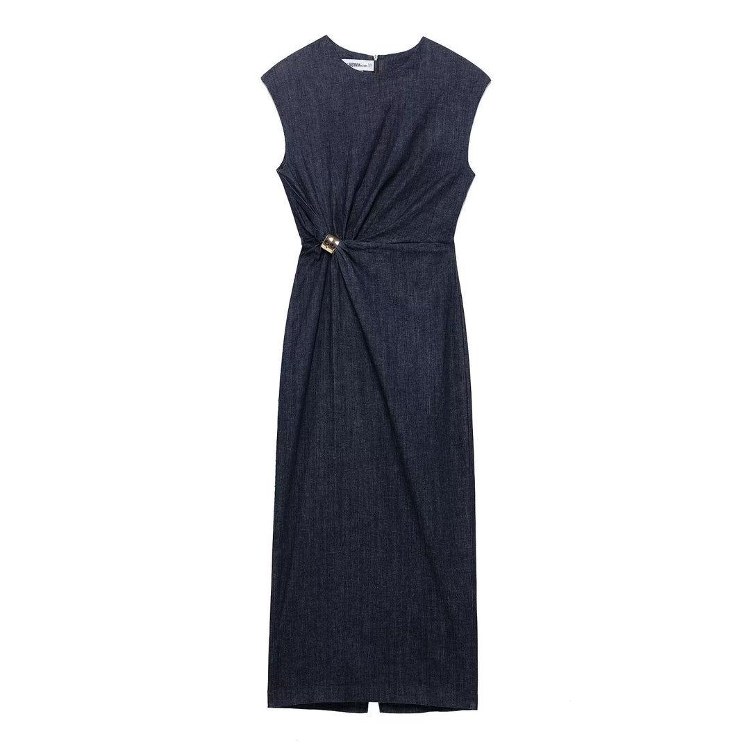Damen elegantes Midikleid aus Denim mit Knopfdetail EB
