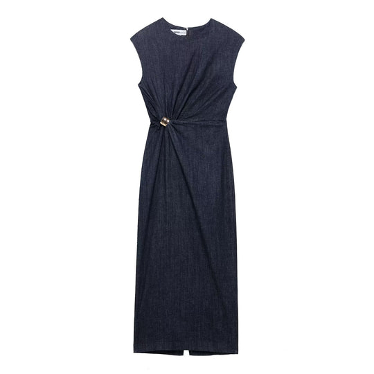 Damen elegantes Midikleid aus Denim mit Knopfdetail EB