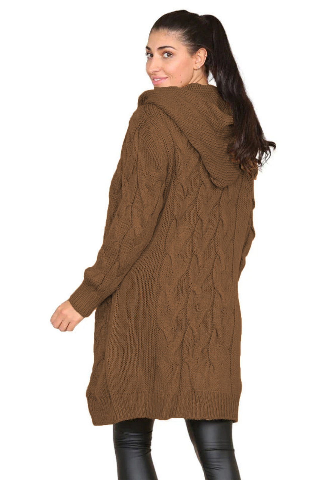 Damen Langer Strickmantel mit elegantem Zopfmuster und Kapuze EB
