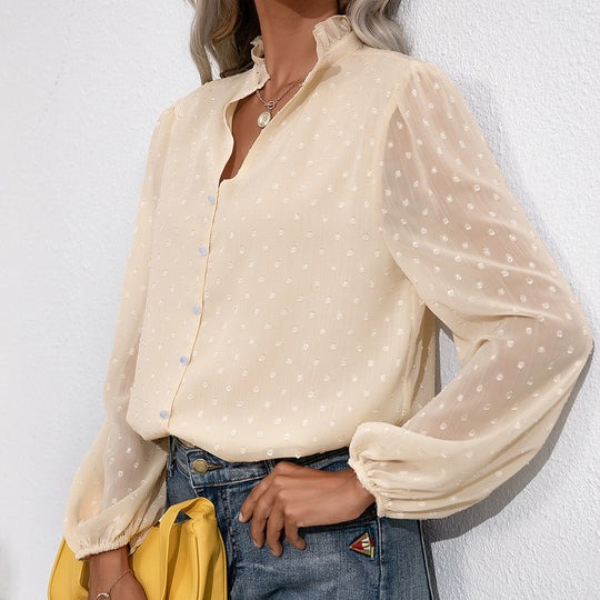Damen Rüschenbluse mit transparenten Ärmeln und feinem Punktmuster EB